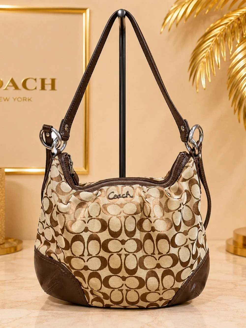 Coach Brown Signature Canvas Year 2007 Shoulder Bag with Dark Brown Leather Trim